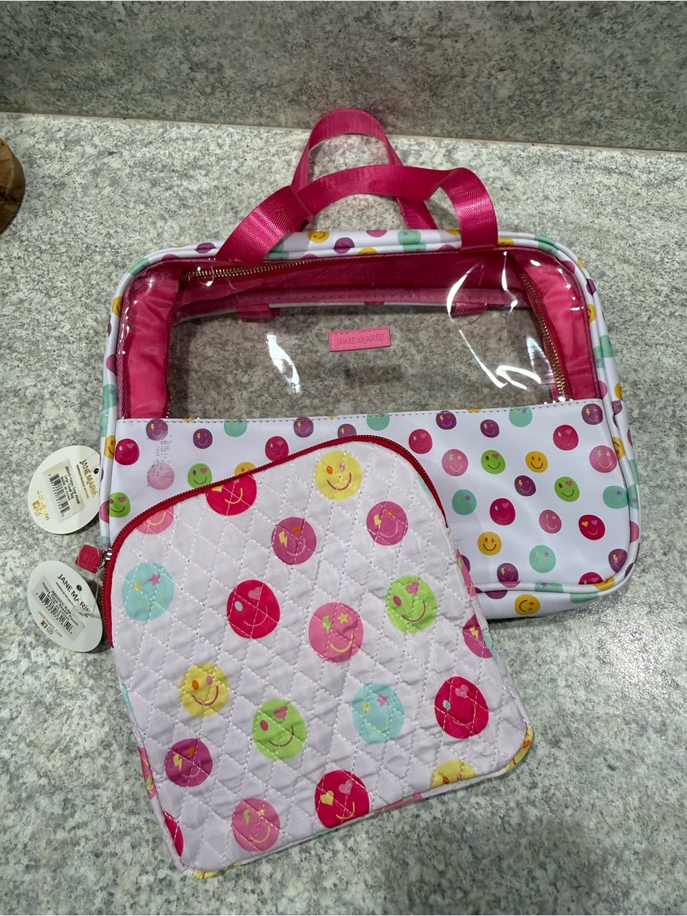 Jane Marie Smiley Face Cosmetic Travel Bag 2 Piece Set NWT